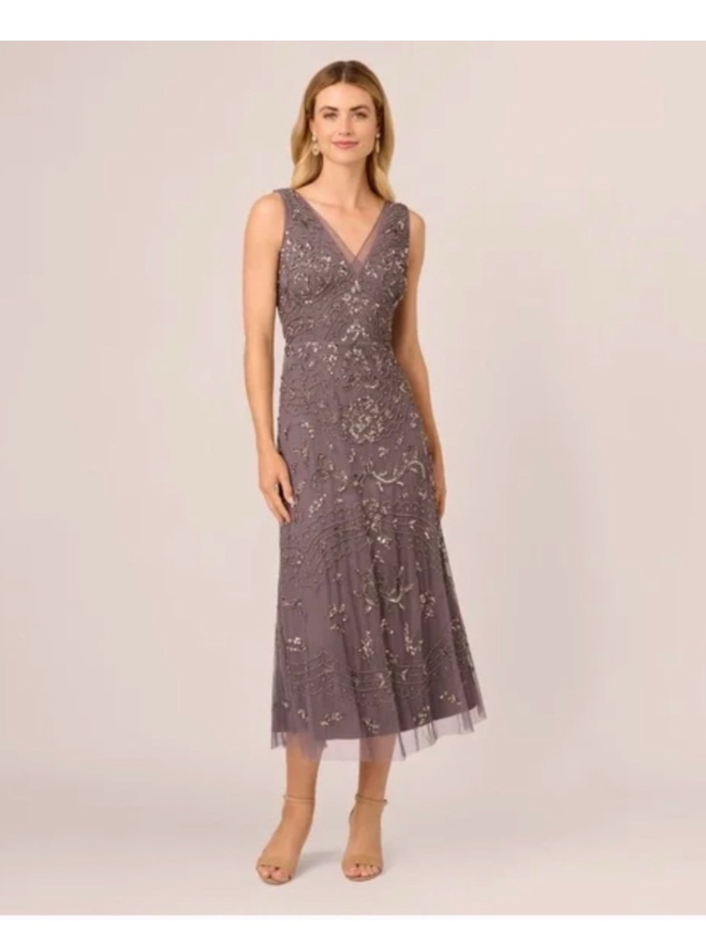 Adrianna Papell Moonscape Beaded Midi Dress NWT SZ 14 Cocktail Wedding Guest MOB - Picture 3 of 11
